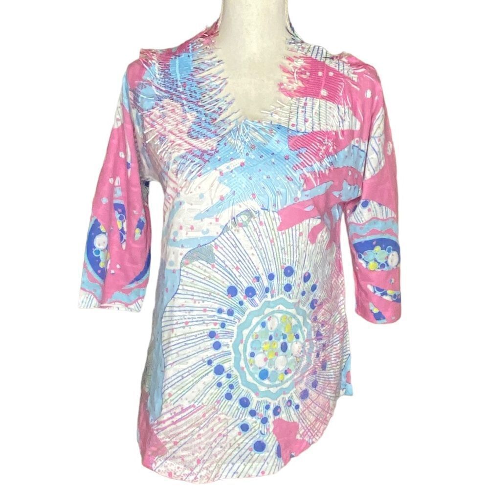 Atelier5 Wm’s Sz Med Pink Blue Flourish Allover Print Fringe Neck Soft Shirt Top